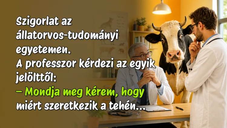 Vicc: Szigorlat az állatorvos-tudományi egyetemen. A professzor kérdezi... Szigorlat az állatorvos-tudományi egyetemen. A professzor kérdezi az egyik jelölttől: – Mondja meg kérem, hogy miért szeretkezik a tehén...