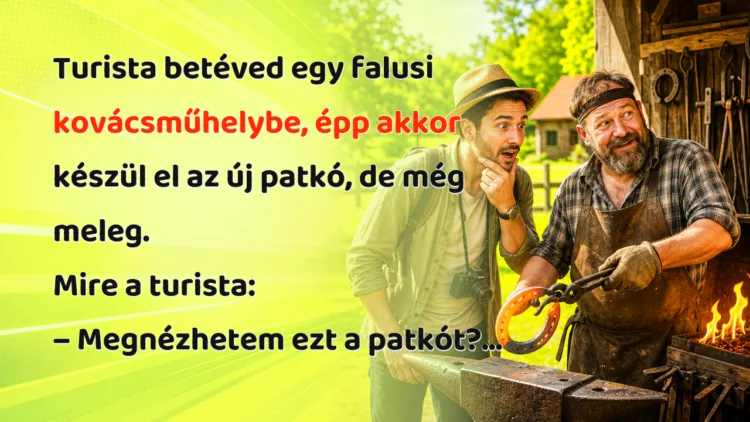 Vicc: Turista betéved egy falusi kovácsműhelybe, épp akkor készül el az új... Turista betéved egy falusi kovácsműhelybe, épp akkor készül el az új patkó, de még meleg. Mire a turista: – Megnézhetem ezt a patkót?...