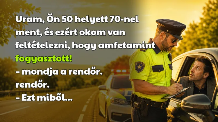 Vicc: Uram, Ön 50 helyett 70-nel ment, és ezért okom van feltételezni... Uram, Ön 50 helyett 70-nel ment, és ezért okom van feltételezni, hogy amfetamint fogyasztott! – mondja a rendőr. rendőr. – Ezt miből...