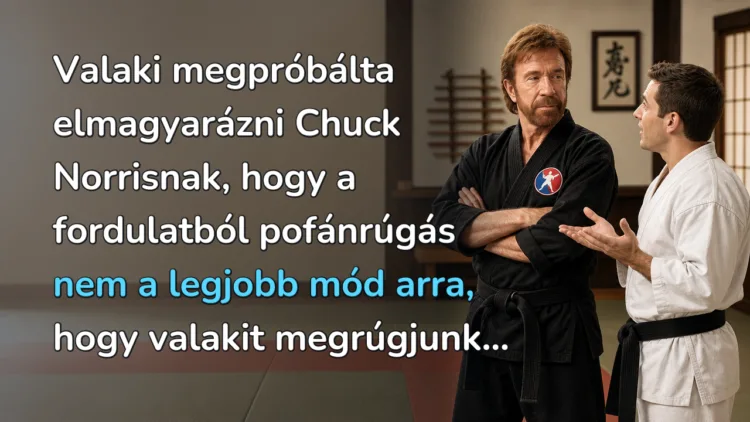 Vicc: Valaki megpróbálta elmagyarázni Chuck Norrisnak, hogy a fordulatból... Valaki megpróbálta elmagyarázni Chuck Norrisnak, hogy a fordulatból pofánrúgás nem a legjobb mód arra, hogy valakit megrúgjunk...