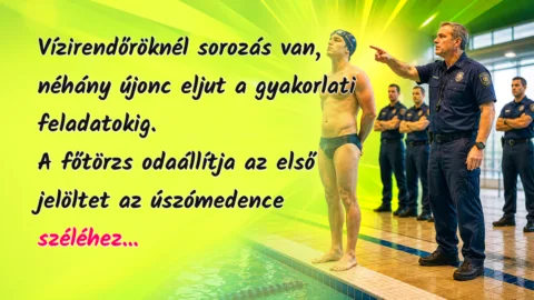 Vicc: Vízirendőröknél sorozás van, néhány újonc eljut a gyakorlati... Vízirendőröknél sorozás van, néhány újonc eljut a gyakorlati feladatokig. A főtörzs odaállítja az első jelöltet az úszómedence széléhez...