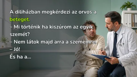 A diliházban megkérdezi az orvos a beteget. – Mi történik ha kiszúrom az egyik szemét? – Nem látok majd arra a szememre. – Jó! És ha a...