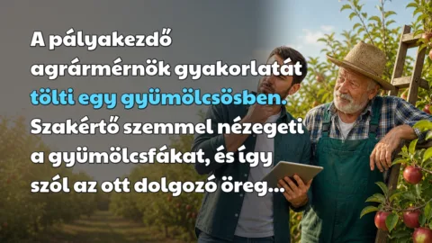 A pályakezdő agrármérnök gyakorlatát tölti egy gyümölcsösben. Szakértő szemmel nézegeti a gyümölcsfákat, és így szól az ott dolgozó öreg...