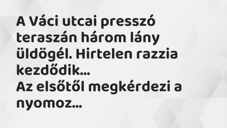 Viccek: A Váci utcai presszó teraszán három lány üldögél. Hirtelen razzia… Viccek: A Váci utcai presszó teraszán három lány üldögél. Hirtelen razzia…