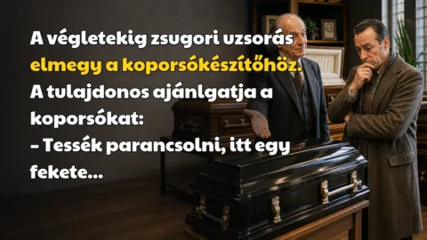 A végletekig zsugori uzsorás elmegy a koporsókészítőhöz. A tulajdonos ajánlgatja a koporsókat: – Tessék parancsolni, itt egy fekete...