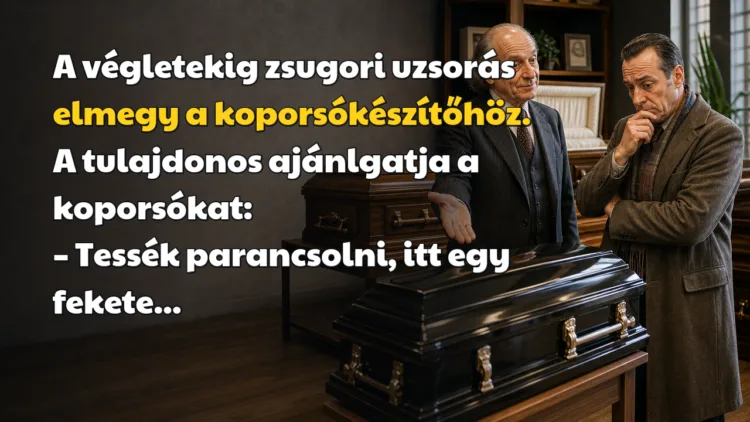 Viccek: A végletekig zsugori uzsorás elmegy a koporsókészítőhöz... A végletekig zsugori uzsorás elmegy a koporsókészítőhöz. A tulajdonos ajánlgatja a koporsókat: – Tessék parancsolni, itt egy fekete...