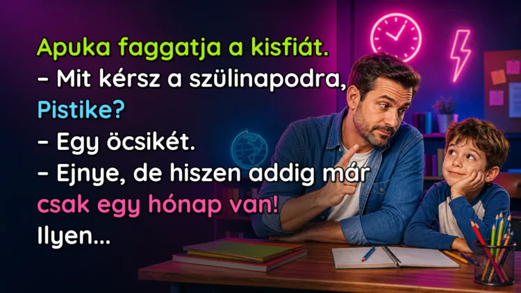 Viccek: Apuka faggatja a kisfiát... Apuka faggatja a kisfiát. – Mit kérsz a szülinapodra, Pistike? – Egy öcsikét. – Ejnye, de hiszen addig már csak egy hónap van! Ilyen...
