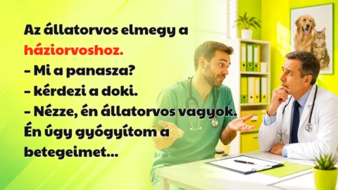Az állatorvos elmegy a háziorvoshoz. – Mi a panasza? – kérdezi a doki. – Nézze, én állatorvos vagyok. Én úgy gyógyítom a betegeimet...