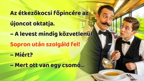 Az étkezőkocsi főpincére az újoncot oktatja. – A levest mindig közvetlenül Sopron után szolgáld fel! – Miért? – Mert ott van egy csomó...