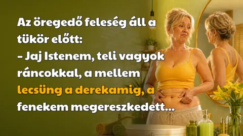 Az öregedő feleség áll a tükör előtt: – Jaj Istenem, teli vagyok ráncokkal, a mellem lecsüng a derekamig, a fenekem megereszkedett...