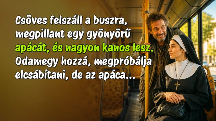 Viccek: Csöves felszáll a buszra, megpillant egy gyönyörű apácát... Csöves felszáll a buszra, megpillant egy gyönyörű apácát, és nagyon kanos lesz. Odamegy hozzá, megpróbálja elcsábítani, de az apáca...