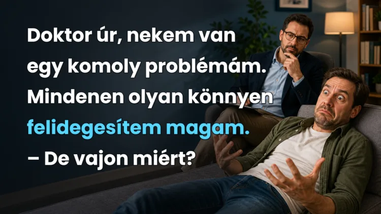 Viccek: Doktor úr, nekem van egy komoly problémám. Mindenen olyan könnyen... Doktor úr, nekem van egy komoly problémám. Mindenen olyan könnyen felidegesítem magam. – De vajon miért?