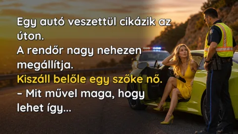 Egy autó veszettül cikázik az úton. A rendőr nagy nehezen megállítja. Kiszáll belőle egy szőke nő. – Mit művel maga, hogy lehet így...