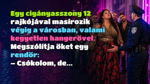 Egy cigányasszony 12 rajkójával masírozik végig a városban, valami kegyetlen hangerővel. Megszólítja őket egy rendőr: – Csókolom, de...