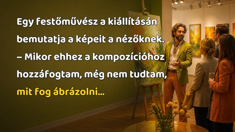 Viccek: Egy festőművész a kiállításán bemutatja a képeit a nézőknek... Egy festőművész a kiállításán bemutatja a képeit a nézőknek. – Mikor ehhez a kompozícióhoz hozzáfogtam, még nem tudtam, mit fog ábrázolni...