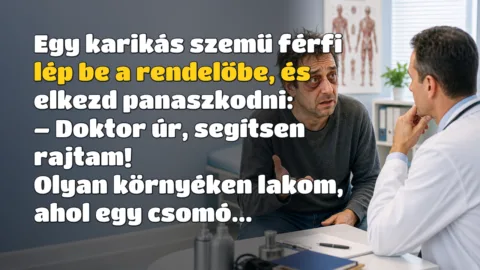 Egy karikás szemű férfi lép be a rendelőbe, és elkezd panaszkodni: – Doktor úr, segítsen rajtam! Olyan környéken lakom, ahol egy csomó...