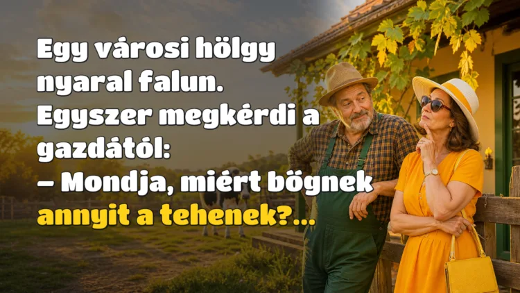 Viccek: Egy városi hölgy nyaral falun. Egyszer megkérdi a gazdától... Egy városi hölgy nyaral falun. Egyszer megkérdi a gazdától: – Mondja, miért bőgnek annyit a tehenek?...