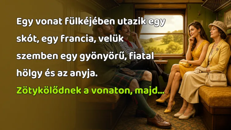 Viccek: Egy vonat fülkéjében utazik egy skót, egy francia, velük szemben... Egy vonat fülkéjében utazik egy skót, egy francia, velük szemben egy gyönyörű, fiatal hölgy és az anyja. Zötykölődnek a vonaton, majd...