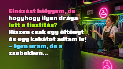 Elnézést hölgyem, de hogyhogy ilyen drága lett a tisztítás? Hiszen csak egy öltönyt és egy kabátot adtam le! – Igen uram, de a zsebekben...