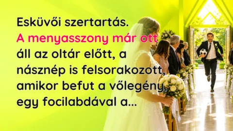 Viccek: Esküvői szertartás. A menyasszony már ott áll az oltár előtt... Esküvői szertartás. A menyasszony már ott áll az oltár előtt, a násznép is felsorakozott, amikor befut a vőlegény, egy focilabdával a...