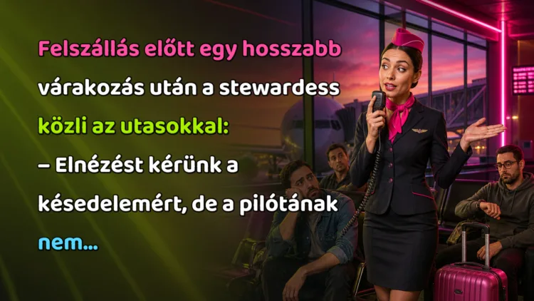 Viccek: Felszállás előtt egy hosszabb várakozás után a stewardess közli... Felszállás előtt egy hosszabb várakozás után a stewardess közli az utasokkal: – Elnézést kérünk a késedelemért, de a pilótának nem...