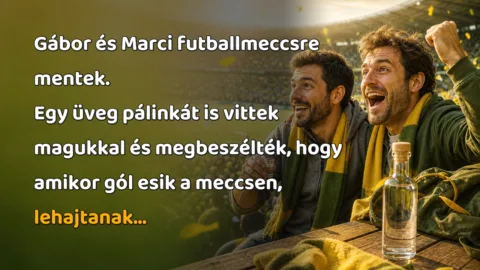 Gábor és Marci futballmeccsre mentek. Egy üveg pálinkát is vittek magukkal és megbeszélték, hogy amikor gól esik a meccsen, lehajtanak...