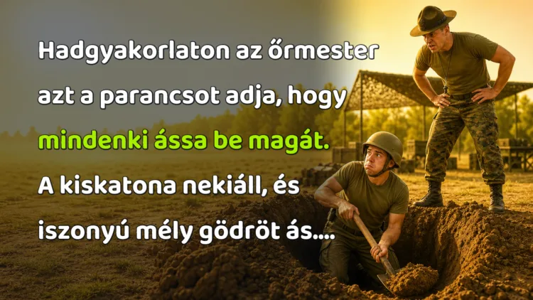 Viccek: Hadgyakorlaton az őrmester azt a parancsot adja, hogy mindenki ássa... Hadgyakorlaton az őrmester azt a parancsot adja, hogy mindenki ássa be magát. A kiskatona nekiáll, és iszonyú mély gödröt ás....