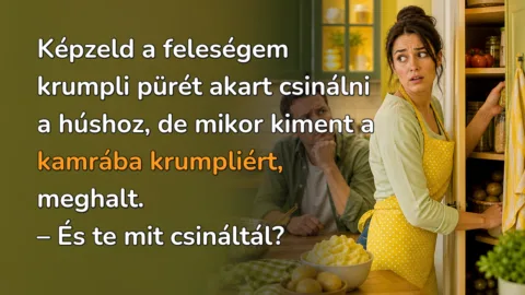 Képzeld a feleségem krumpli pürét akart csinálni a húshoz, de mikor kiment a kamrába krumpliért, meghalt. – És te mit csináltál?