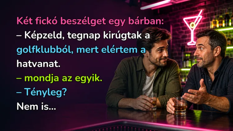 Viccek: Két fickó beszélget egy bárban... Két fickó beszélget egy bárban: – Képzeld, tegnap kirúgtak a golfklubból, mert elértem a hatvanat. – mondja az egyik. – Tényleg? Nem is...