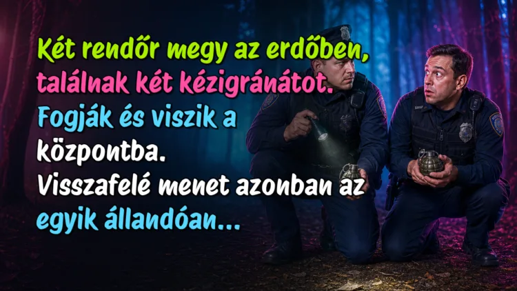 Viccek: Két rendőr megy az erdőben, találnak két kézigránátot... Két rendőr megy az erdőben, találnak két kézigránátot. Fogják és viszik a központba. Visszafelé menet azonban az egyik állandóan...