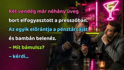 Két vendég már néhány üveg bort elfogyasztott a presszóban. Az egyik előrántja a pénztárcáját és bambán belenéz. – Mit bámulsz? – kérdi...
