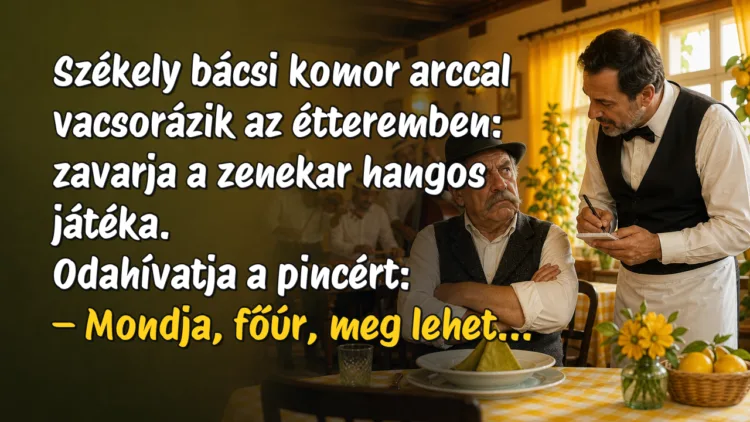 Viccek: Székely bácsi komor arccal vacsorázik az étteremben: zavarja... Székely bácsi komor arccal vacsorázik az étteremben: zavarja a zenekar hangos játéka. Odahívatja a pincért: – Mondja, főúr, meg lehet...