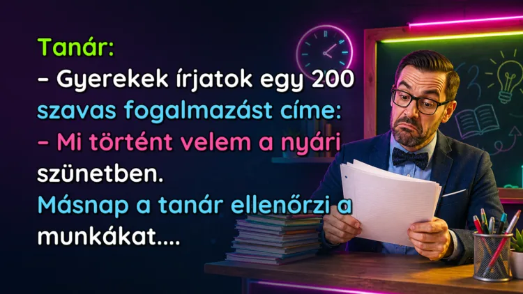 Viccek: Tanár: - Gyerekek írjatok egy 200 szavas fogalmazást címe... Tanár: – Gyerekek írjatok egy 200 szavas fogalmazást címe: – Mi történt velem a nyári szünetben. Másnap a tanár ellenőrzi a munkákat....