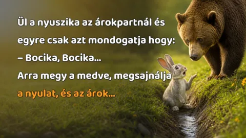 Ül a nyuszika az árokpartnál és egyre csak azt mondogatja hogy: – Bocika, Bocika... Arra megy a medve, megsajnálja a nyulat, és az árok...